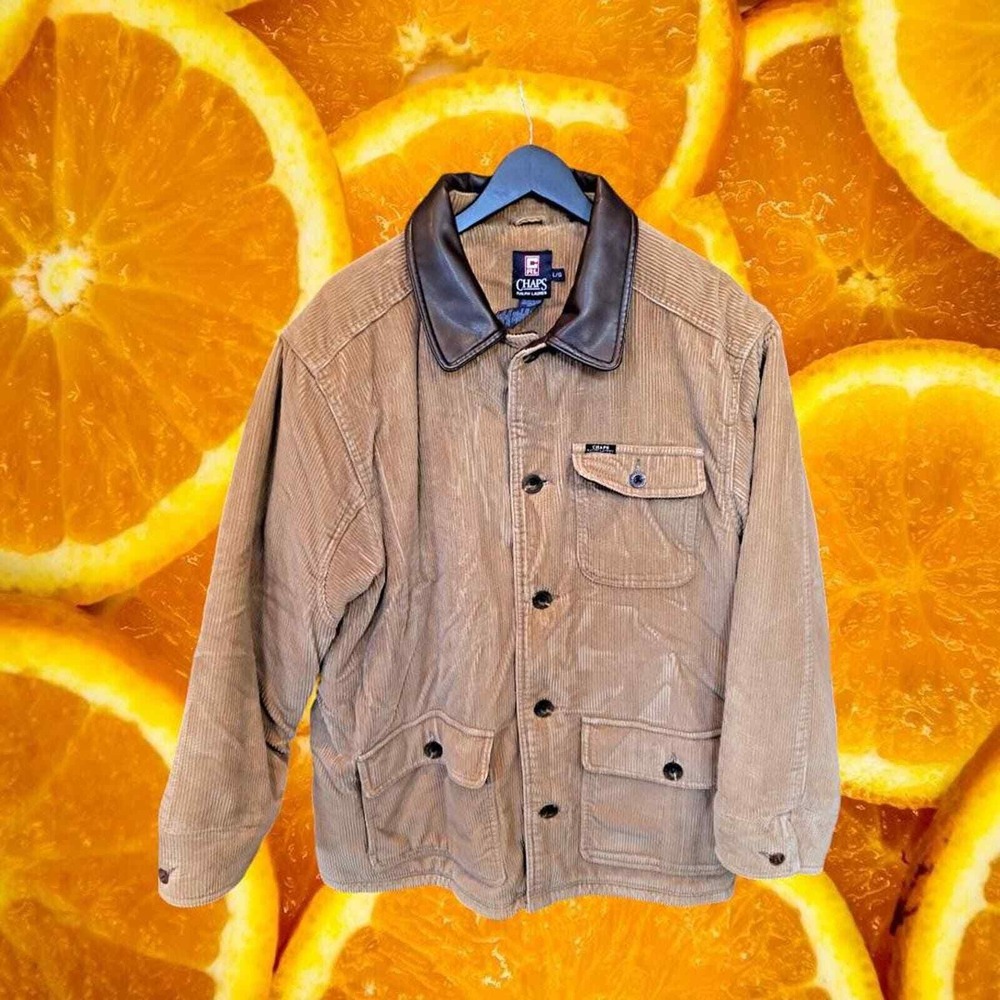 Chaps Ralph Lauren Tan Corduroy Barn Jacket Faux Leather Collar Mens Large
